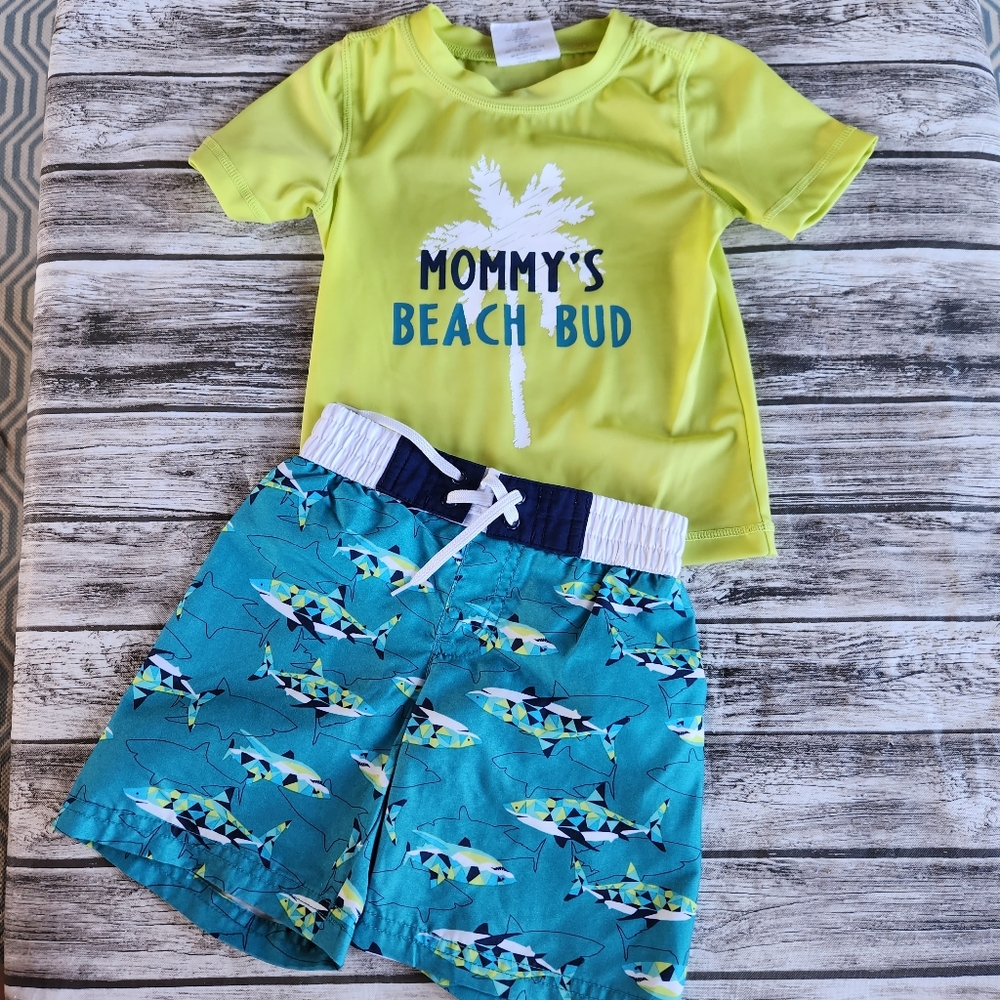 Crazy 8 shark swim trunks and rash guard